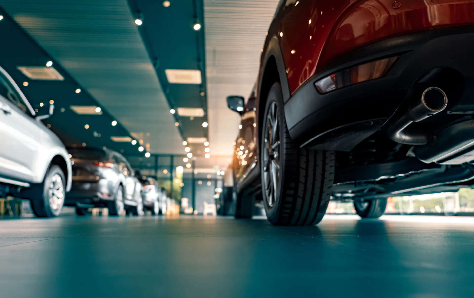 Cars on a glossy coated dealership floor